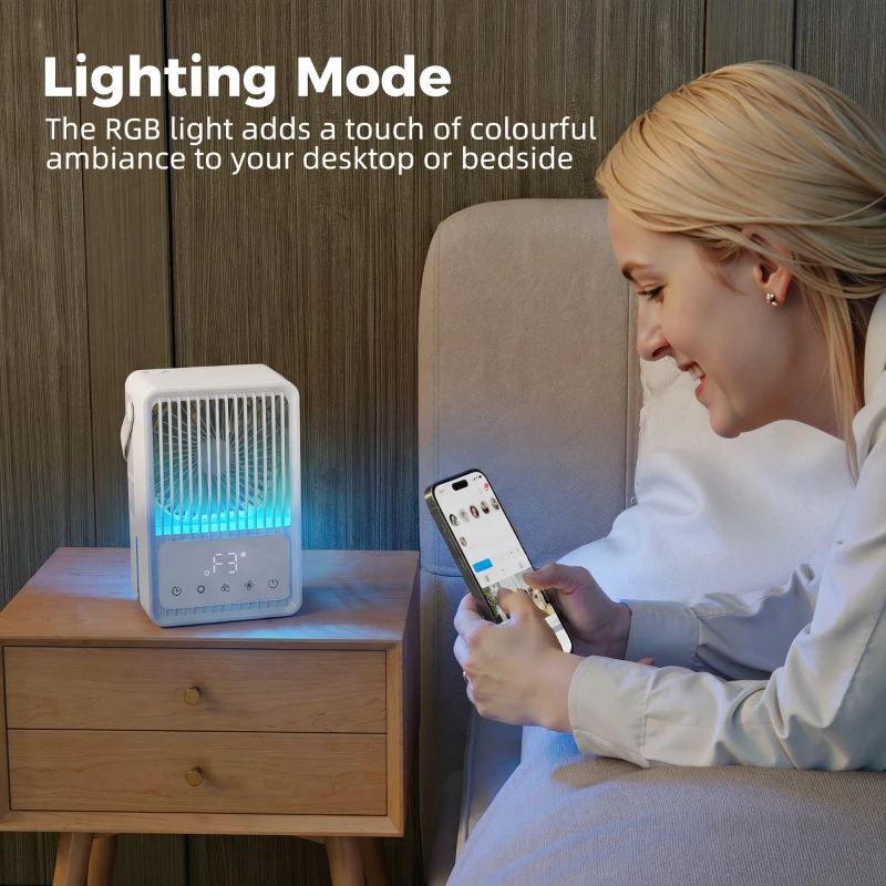 HOMCOM Desk Fan with Humidifier and RGB Light Portable Table Fan with 550ml Water Tank White