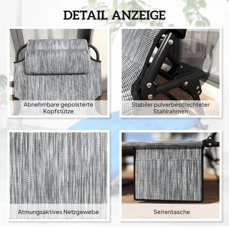 Outsunny Zonneligstoel met 4-Standen Verstelbare Rugleuning, Kussen, Zijvak, Hoofdsteun, 68 x 189 x 30 cm, Blauw