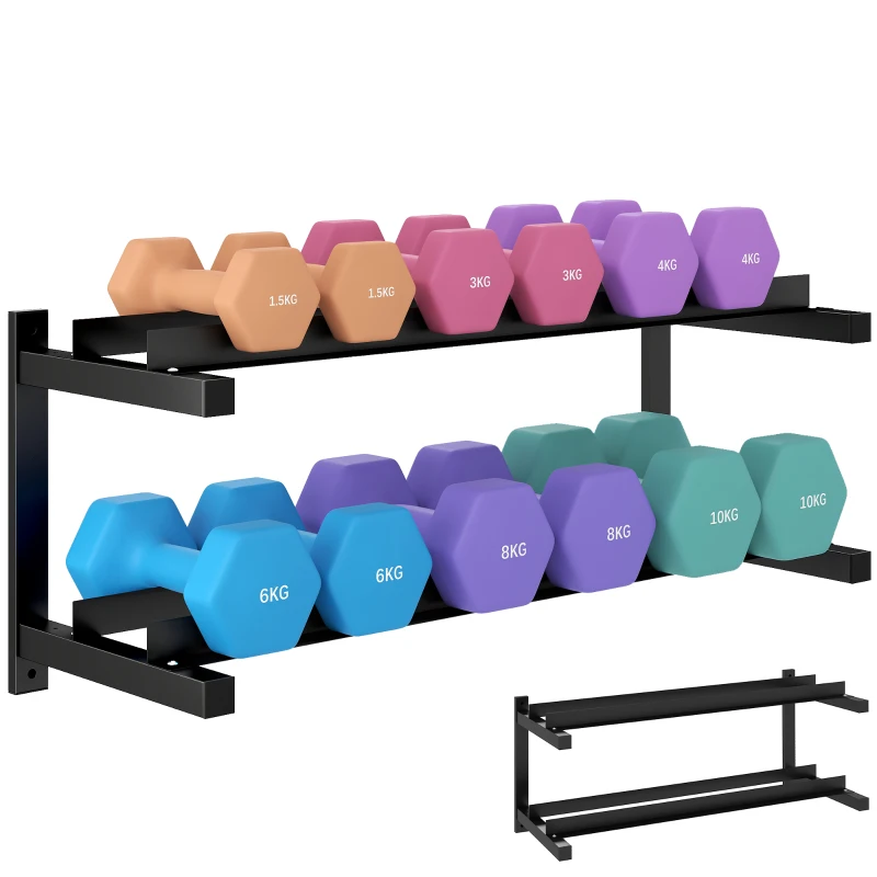 SPORTNOW Wall-Mounted Dumbbell Rack, 2-Tier Weight Stand, Space-Saving and Multi-Functional Steel organiser for Home Gym, Black
