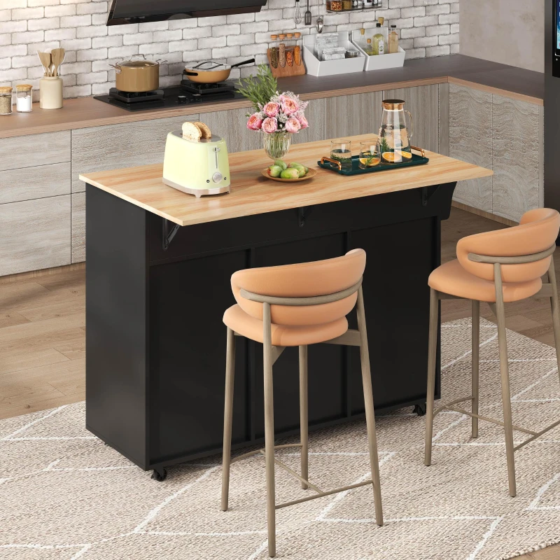 Sleek Kitchen Trolley with 2 Drawers and Cabinets, Mobile Kitchen Island with Foldable Tabletop, 129L x 46W x 91.5H cm, Black+Natural