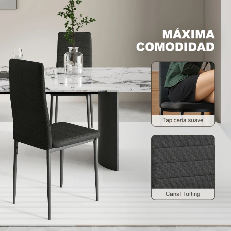 HOMCOM Pack de 6 Sillas de Comedor Modernas Tapizadas en Lino Sintético con Respaldo Alto y Patas de Metal 41x50x97 cm Negro