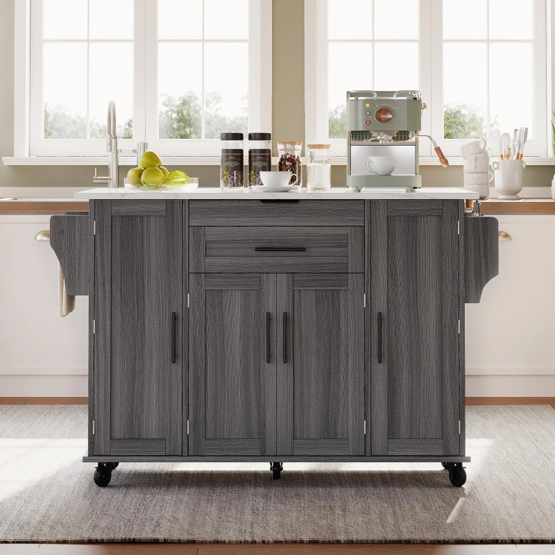Versatile Kitchen Trolley with Fold-Out Worktop and Lockable Castors, Spacious Kitchen Island with Cabinets, 136L x 70W x 92H cm, Gray