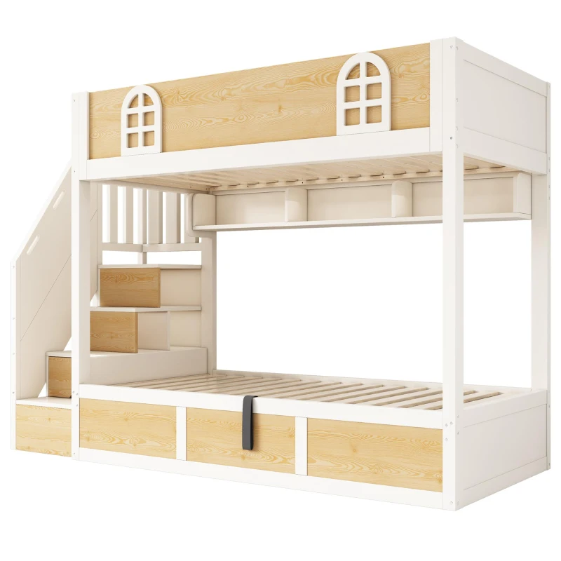Cabin-Style Bunk Bed with Staircase Cabinet & Underbed Storage, Space-Saving Single Bed for Kids, 243L x 95W x 152H cm, Natural+White