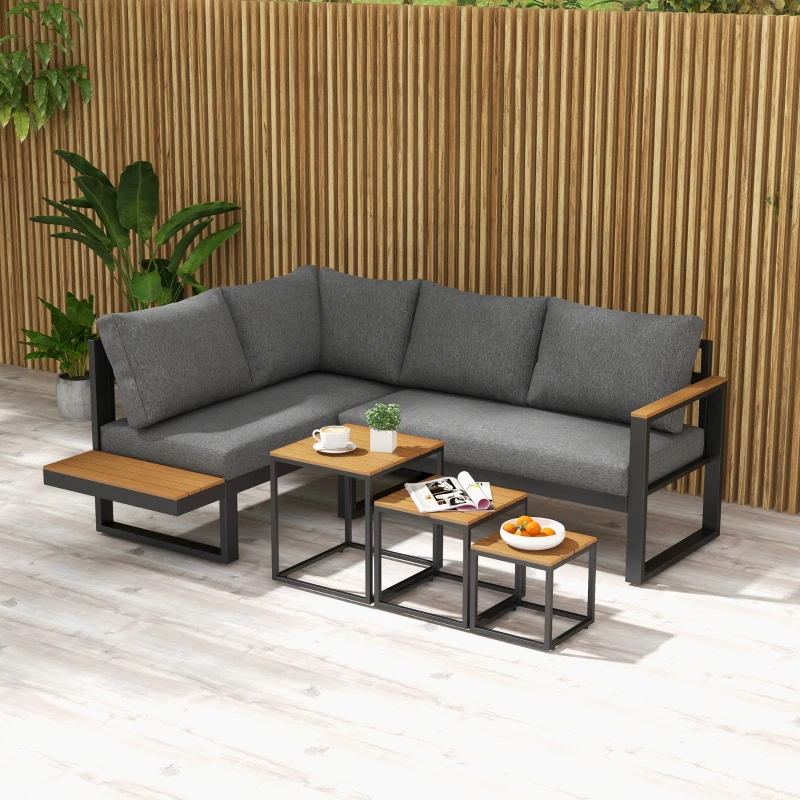 Outsunny Set living exterior 5 piese mobilier lounge pentru grădină, 148 cm x 61 cm x 71,5 cm, Gri + Natural