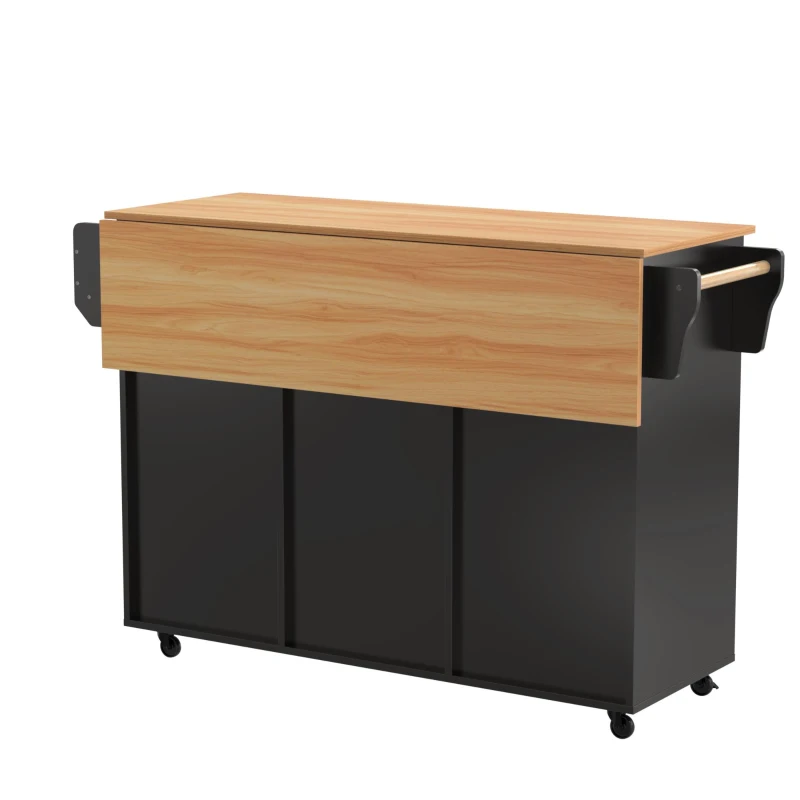 Stylish Kitchen Trolley with Foldable Wood-Grain Countertop, Versatile Buffet with Interchangeable Wheels, 139L x 46W x 91H cm, Black+Natural