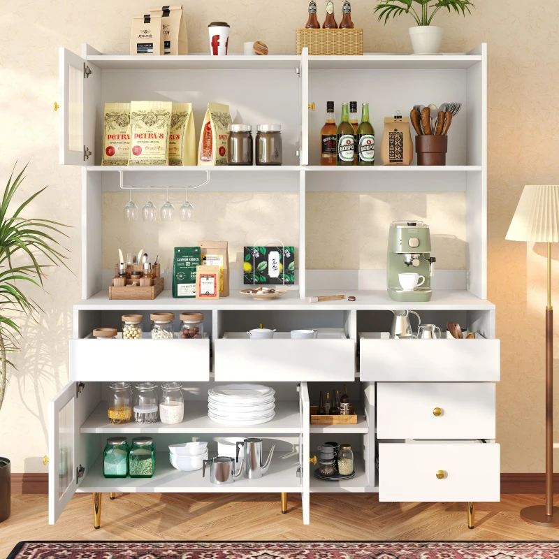 Multifunctional Sideboard with Changhong Glass Door and Glass Holder, Spacious Buffet with Multiple Drawers, 145L x 39W x 171H cm, White