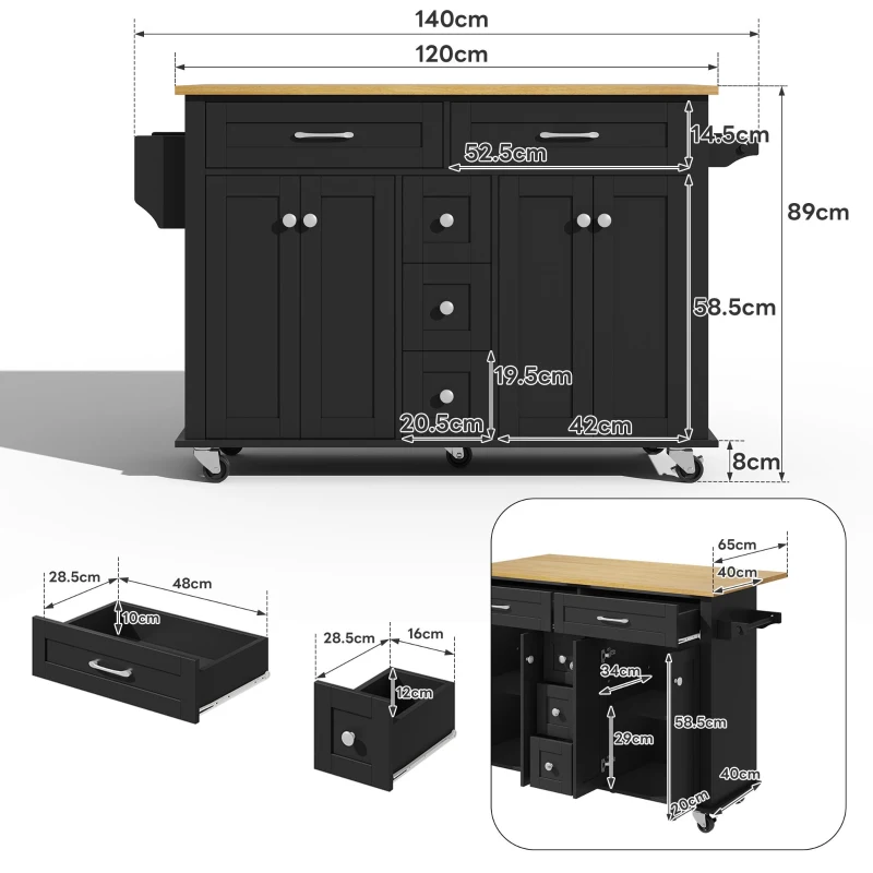 Versatile Kitchen Trolley with Extendable Worktop and 5 Drawers, Sturdy Buffet with Lockable Castors, 140L x 65W x 89H cm, Black+Natural