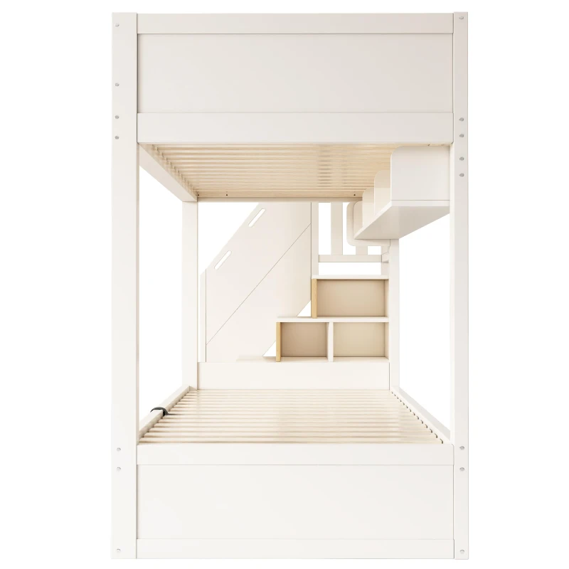 Cabin-Style Bunk Bed with Staircase Cabinet & Underbed Storage, Space-Saving Single Bed for Kids, 243L x 95W x 152H cm, Natural+White