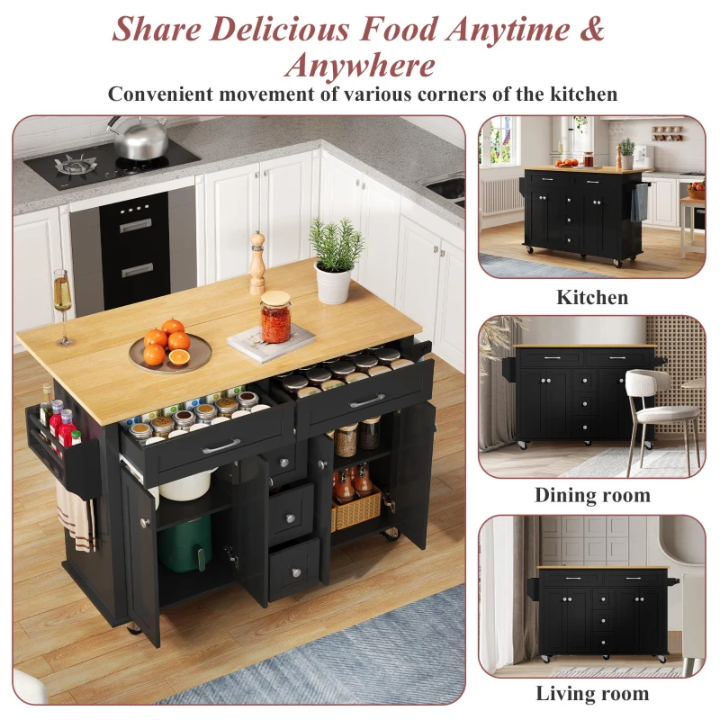 Versatile Kitchen Trolley with Extendable Worktop and 5 Drawers, Sturdy Buffet with Lockable Castors, 140L x 65W x 89H cm, Black+Natural