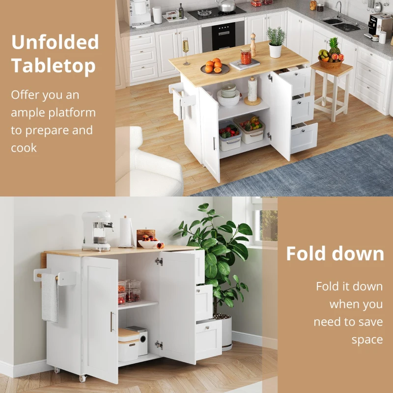 Versatile Kitchen Island with 3 Drawers and 2-Door Cabinet, Space-Saving Rolling Trolley with Foldable Worktop, 135L x 70W x 90H cm, White