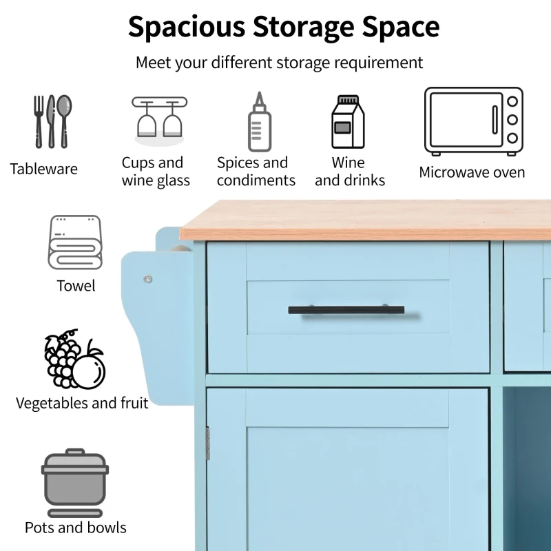 Stylish Kitchen Trolley with Foldable Wood-Grain Countertop, Versatile Buffet with Interchangeable Wheels, 139L x 46W x 91H cm, Blue