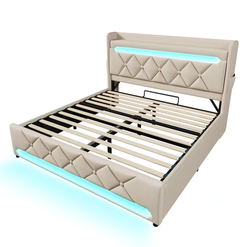 Upholstered Storage Bed with Integrated LED Lighting and USB Ports, Hydraulic Bed with Metal Slatted Frame, 225L x 156W x 111H cm, Beige