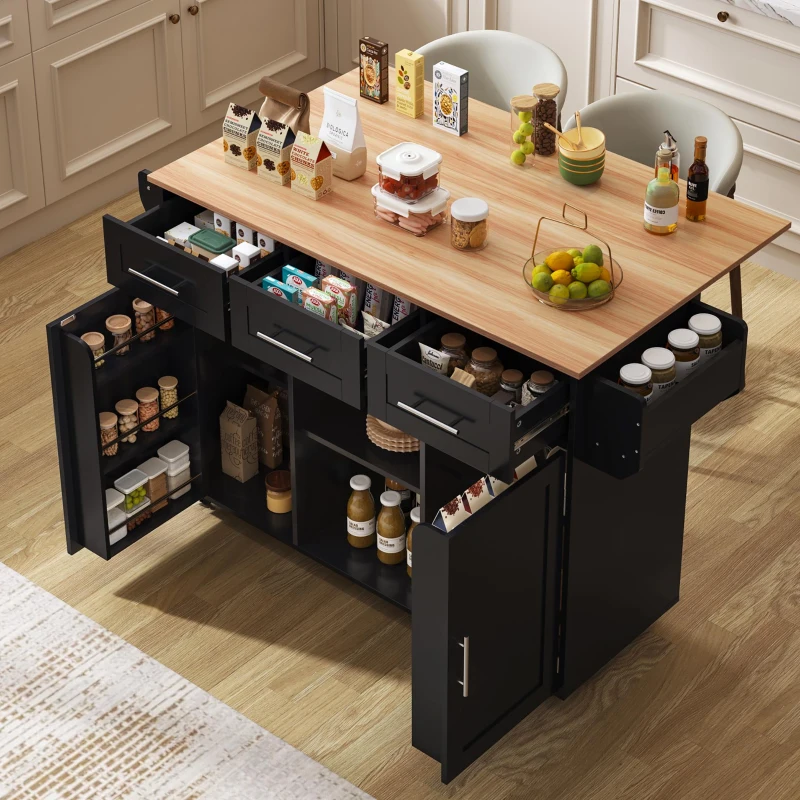 Stylish Kitchen Trolley with Foldable Wood-Grain Countertop, Versatile Buffet with Interchangeable Wheels, 139L x 46W x 91H cm, Black+Natural