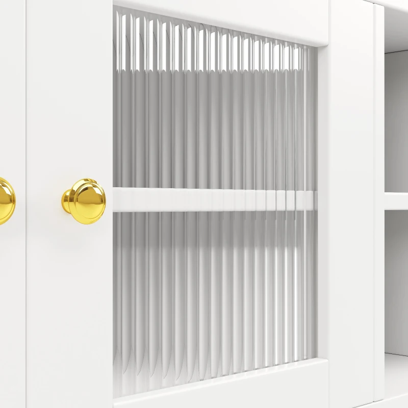 Multifunctional Sideboard with Changhong Glass Door and Glass Holder, Spacious Buffet with Multiple Drawers, 145L x 39W x 171H cm, White