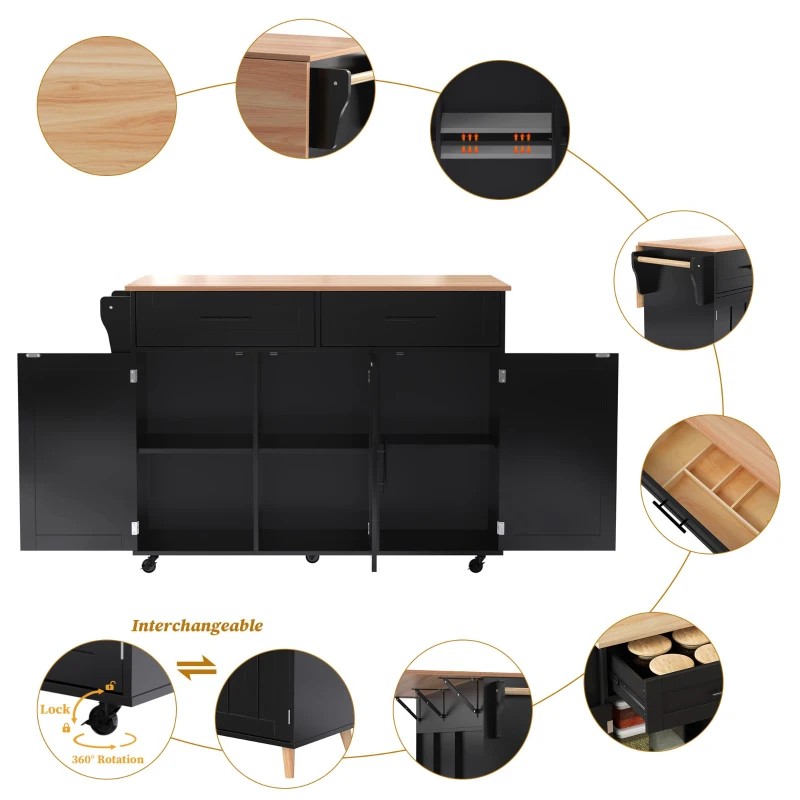 Sleek Kitchen Trolley with 2 Drawers and Cabinets, Mobile Kitchen Island with Foldable Tabletop, 129L x 46W x 91.5H cm, Black+Natural