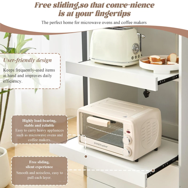 Freestanding Pantry Cabinet with 2 Open Sliding Shelves, Multifunctional Sideboard for Dining & Living Rooms, 59.5L x 45W x 200H cm, White