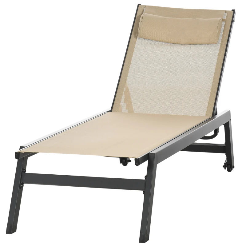 Outsunny Șezlong de soare din aluminiu și textilene cu roți și suport pentru cap, spătar reglabil, kaki