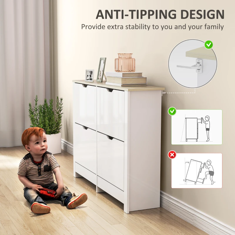 HOMCOM Slim Shoe Cabinet, Narrow Shoe Cupboard with 4 Flip Drawers, Adjustable Shelves for 16 Pairs of Shoes, White