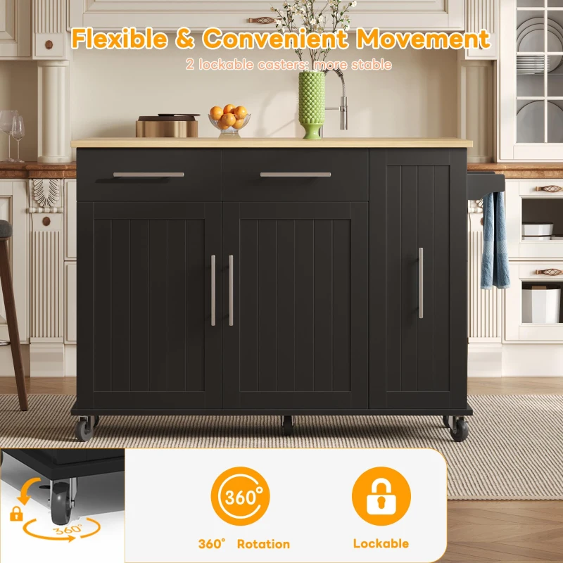 Sleek Kitchen Trolley with Drop Leaf and Pull-Out Organiser, Mobile Kitchen Island with Lockable Castors, 120L x 40W x 90H cm, Black+Natural