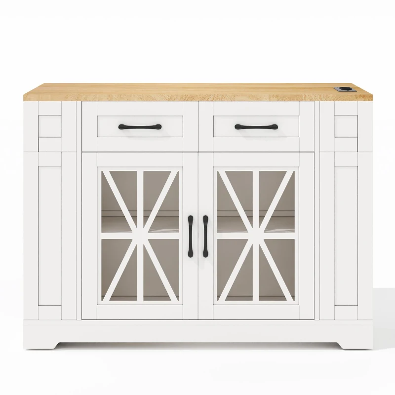 Mobile Kitchen Island with Foldable Tabletop and Sockets, Storage Buffet with Adjustable Shelves, 120L x 65W x 92H cm, White+Natural