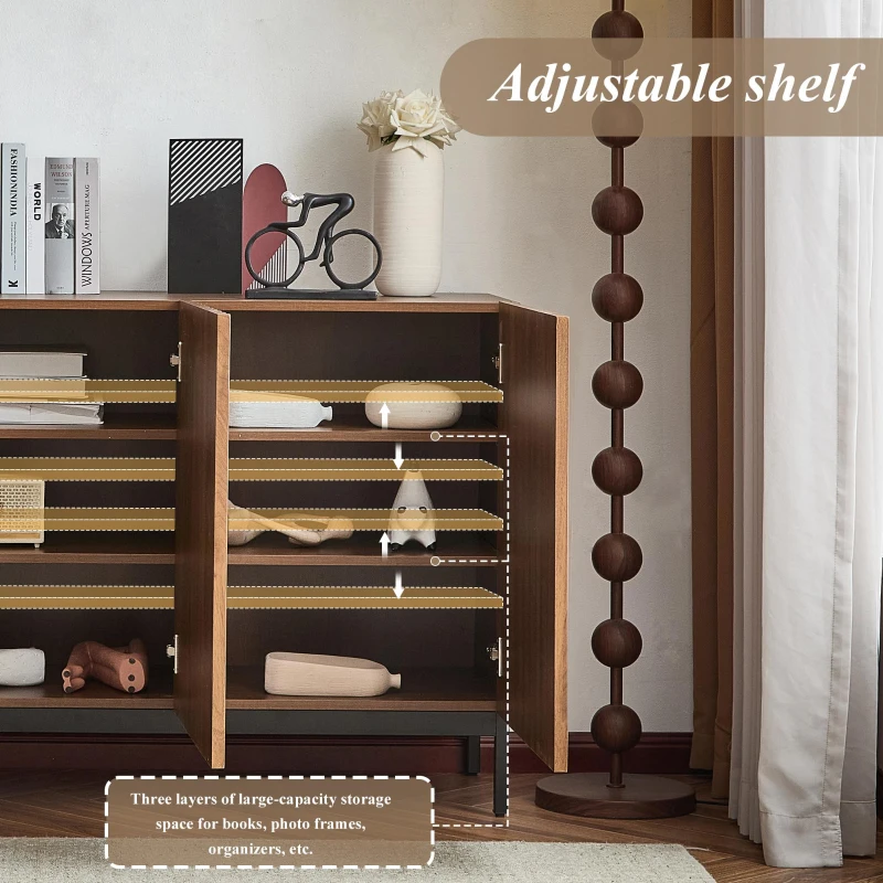 Mid-Century Sideboard with 3D Wave Design and Steel Legs, Versatile Cabinet with 3 Doors, Adjustable Shelves, 150L x 40W x 80H cm, Natural