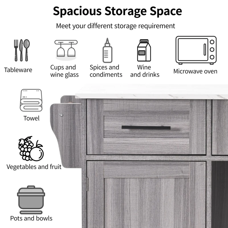 Stylish Kitchen Trolley with Foldable Wood-Grain Countertop, Versatile Buffet with Interchangeable Wheels, 139L x 46W x 91H cm, Gray