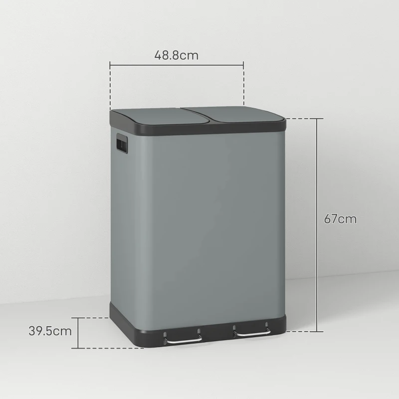HOMCOM Pattumiera doppio scomparto 2x30 L con pedale e secchi estraibili, Grigio