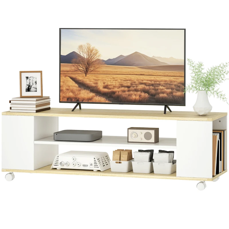 HOMCOM Móvel para TV com Rodas Armário para TV Flutuante com 2 Portas e 2 Prateleiras 120x40x38,5cm Branco e Madeira
