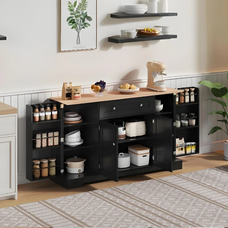 Multifunctional Kitchen Sideboard with Double-Door Compartment, Spacious Cabinet with Adjustable Shelves, 138L x 40W x 85H cm, Black