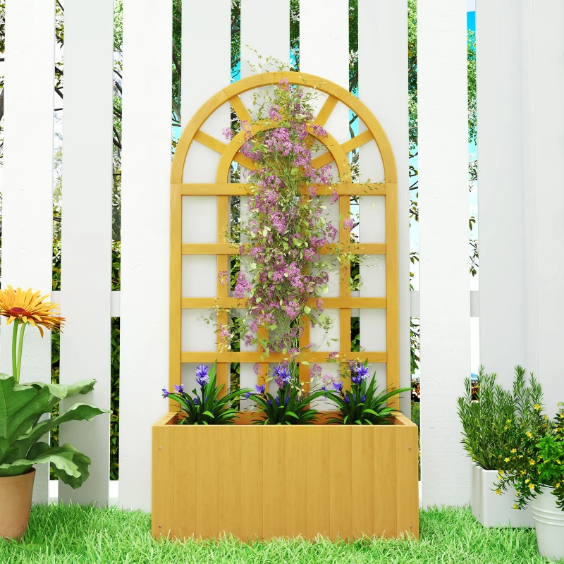 Outsunny Jardinieră cu spalier din lemn cu drenaj pentru cultivare legume, flori, ierburi aromatice 60x30x120 cm natural