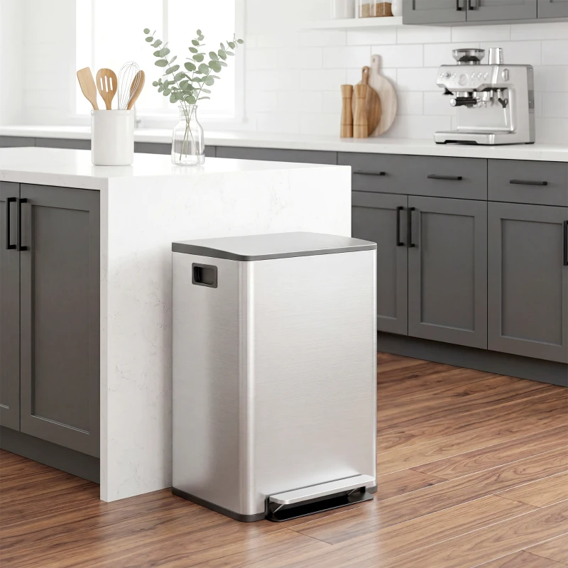 HOMCOM Poubelle de cuisine 2 compartiments de 2 x 30L, avec pédale, en acier inoxydable, couvercle à fermeture douce