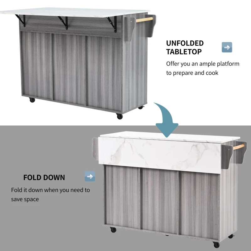 Stylish Kitchen Trolley with Foldable Wood-Grain Countertop, Versatile Buffet with Interchangeable Wheels, 139L x 46W x 91H cm, Gray
