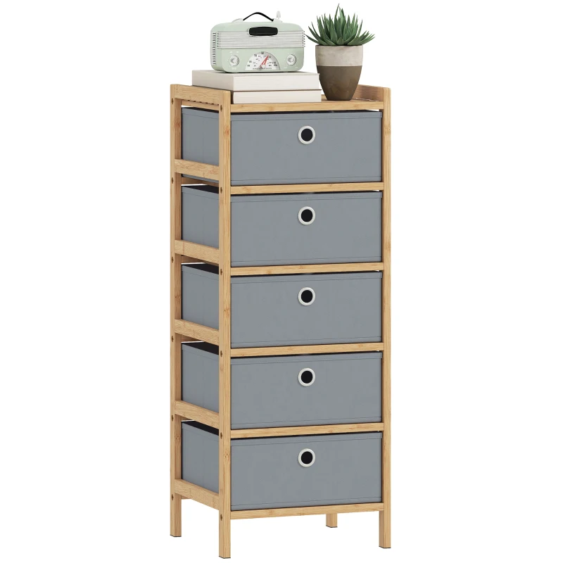 HOMCOM Chest of Drawers, 5 Fabric Drawers Narrow Dresser with Bamboo Frame, Light Grey