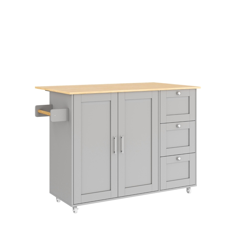 Versatile Kitchen Island with 3 Drawers and 2-Door Cabinet, Space-Saving Rolling Trolley with Foldable Worktop, 135L x 70W x 90H cm, Grey