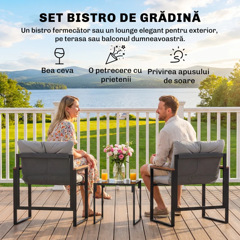 Outsunny Set Bistro pentru 2 Persoane, Set din 3 Piese pentru Grădină cu Cadrul din Metal și Perne Groase