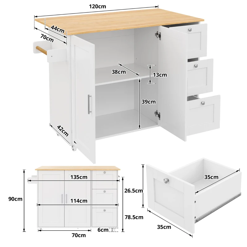 Versatile Kitchen Island with 3 Drawers and 2-Door Cabinet, Space-Saving Rolling Trolley with Foldable Worktop, 135L x 70W x 90H cm, White