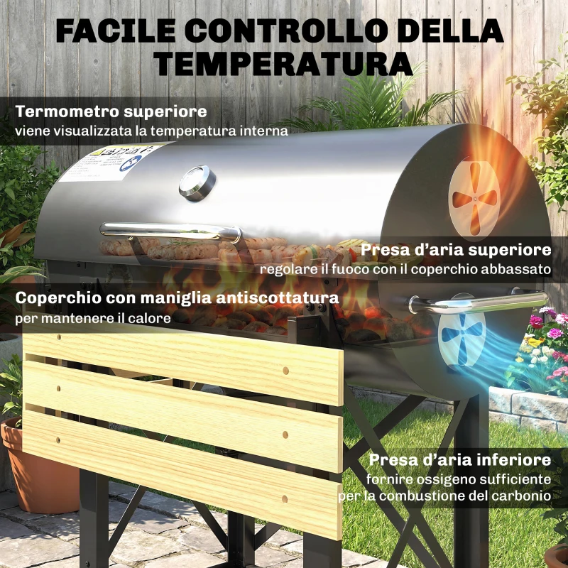 Outsunny Barbecue a Carbone con Griglia Regolabile, Ripiani Pieghevoli, Termometro e Ruote. Nero
