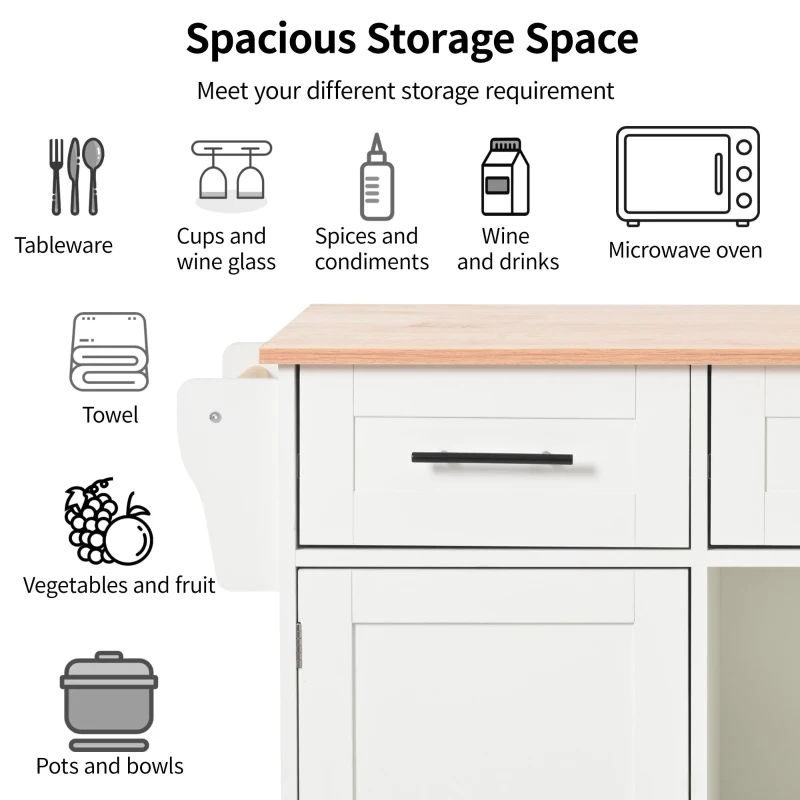 Stylish Kitchen Trolley with Foldable Wood-Grain Countertop, Versatile Buffet with Interchangeable Wheels, 139L x 46W x 91H cm, White