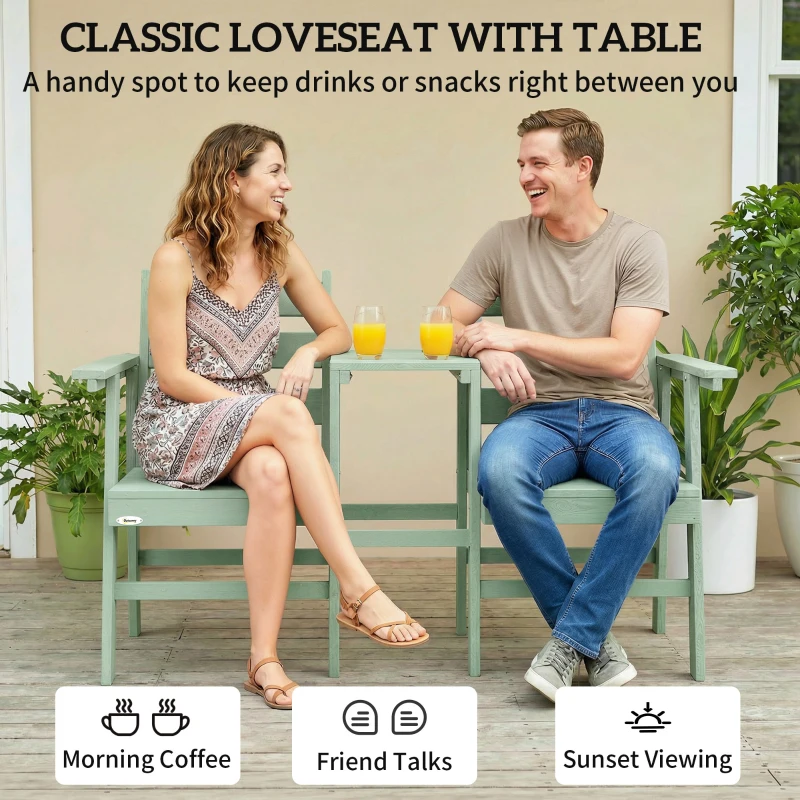 Outsunny Outdoor Garden Loveseat, Embossed Wooden Jack and Jill Garden Seat with Integrated Table, Green