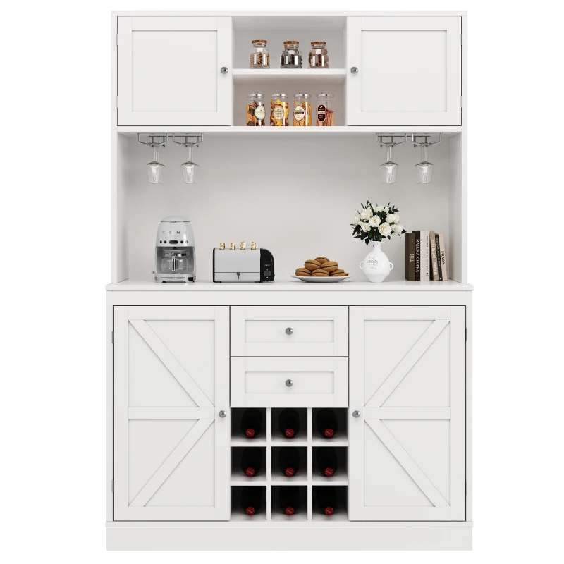 Tall Kitchen Cabinet with Wine Rack and Adjustable Shelves, Spacious Kitchen Cupboard with Doors and Drawers, 120L x 40W x 188H cm, White