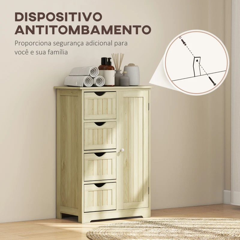 kleankin Armário de Casa de Banho Coluna Estreita com 4 Gavetas e Prateleira Ajustável Estilo Moderno 56x30x83 cm Madeira