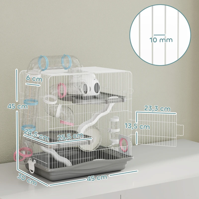 PawHut Cage hamster, cage rongeur à 3 niveaux, roue d'exercice, tunnel, gamelle, niche et rampe d'accès, 45 x 30 x 45 cm, gris
