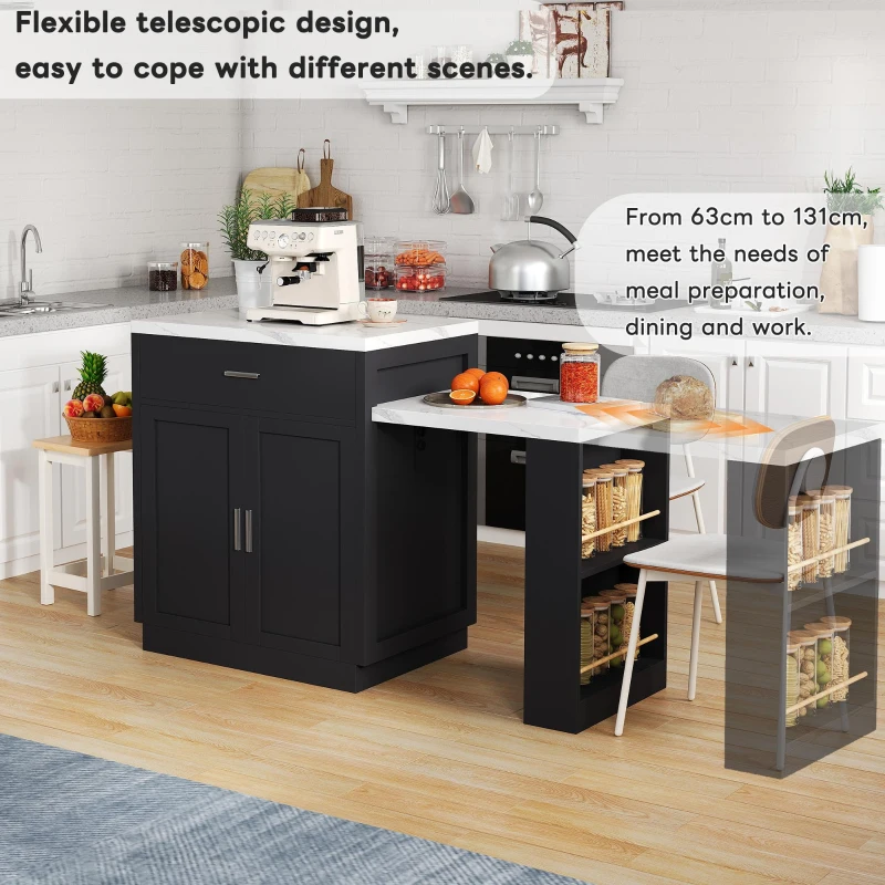 Versatile Kitchen Island with Extendable Dining Table and Adjustable Shelf, Space-Saving Table for 2-6 People, 211L x 55W x 89.5H cm, Black
