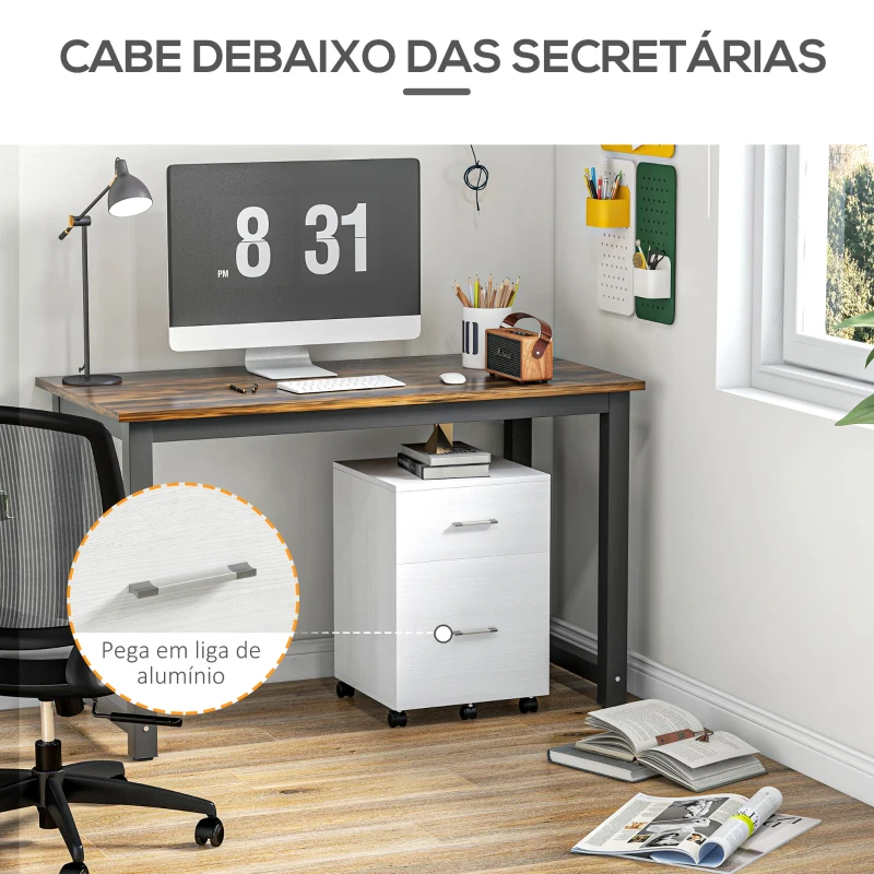 HOMCOM Bloco de Gaveta para Escritório com 2 Compartimentos com Rodas Arquivador Móvel para Arquivos A4 ou Documentos 39,5x39x58,5 cm Branco
