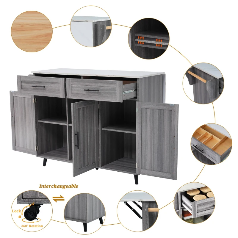 Sleek Kitchen Trolley with 2 Drawers and Foldable Tabletop, Mobile Kitchen Island with Wood Veneer, 129L x 46W x 91.5H cm, Grey+White