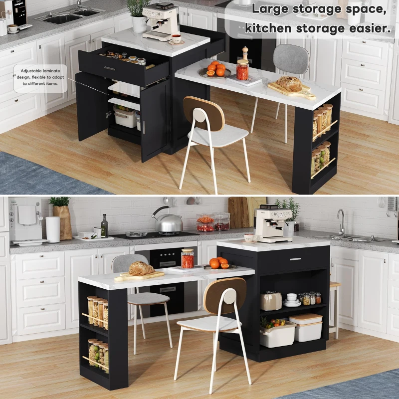 Versatile Kitchen Island with Extendable Dining Table and Adjustable Shelf, Space-Saving Table for 2-6 People, 211L x 55W x 89.5H cm, Black