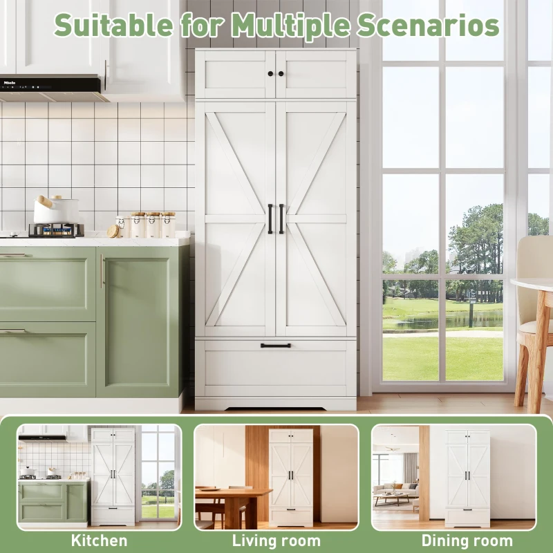 Spacious Kitchen Cabinet with a Drawer, 2 Adjustable Shelves, Multifunctional Pantry for Dining and Living Areas, 80L x 40W x 180H cm, White