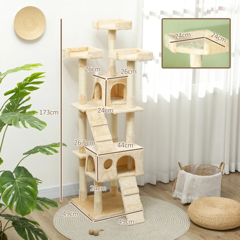 Pawhut Arbre à Chat Griffoir Grattoir 170cm en Sisal Naturel avec 2 Niches 50L X 50L X 170Hcm Beige