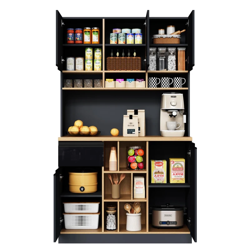 Stylish Kitchen Cabinet with 3 Smooth-Sliding Drawers, Versatile Sideboard with Adjustable Shelves, 105L x 45W x 185H cm, Black+Natural