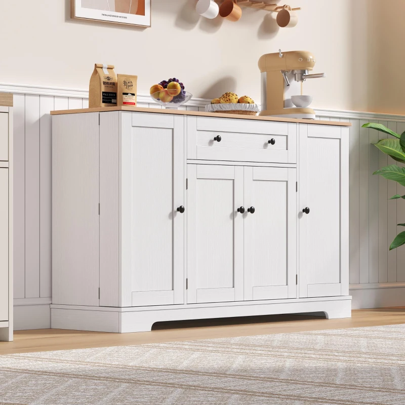 Multifunctional Kitchen Sideboard with Double-Door Compartment, Spacious Cabinet with Adjustable Shelves, 138L x 40W x 85H cm, Natural+White